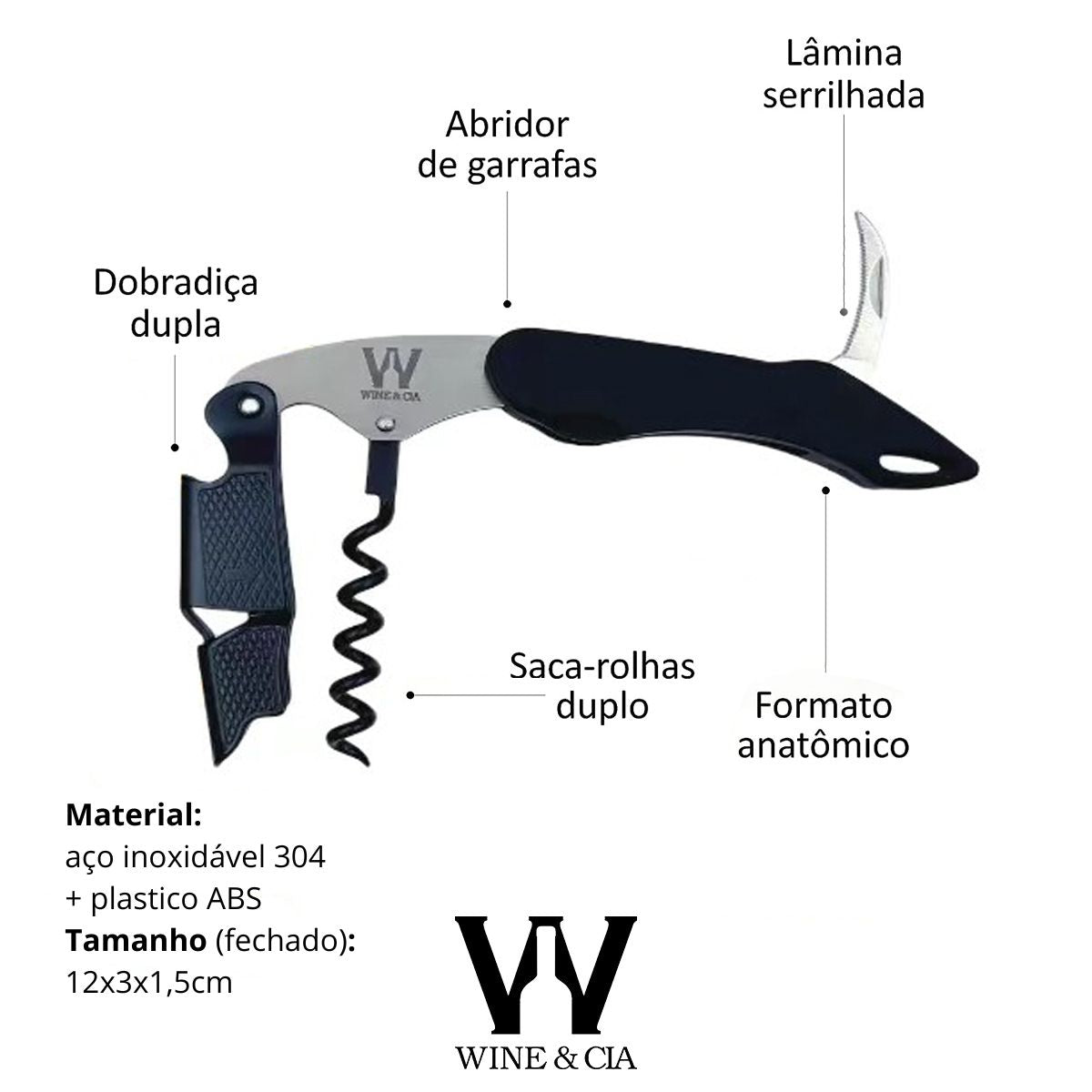 Abridor de vinho profissional sommelier em aço 304 Preto ABS
