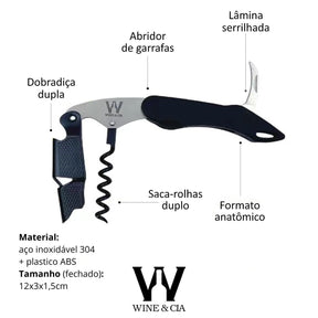 Abridor de vinho profissional sommelier em aço 304 Preto ABS
